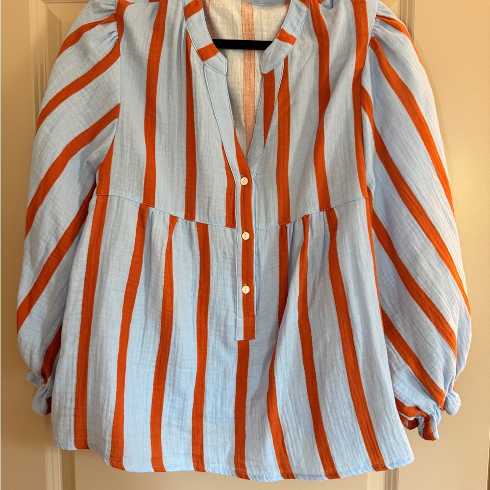 Striped Button-Front Peasant Blouse - Light Blue & Rust - Picture 2 of 3